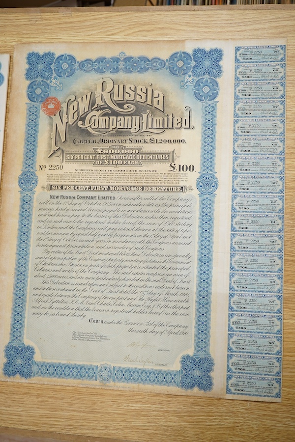 A Chinese Government £100 share bond, 1913 and a New Russia Company Ltd £100 debenture. Condition- fair